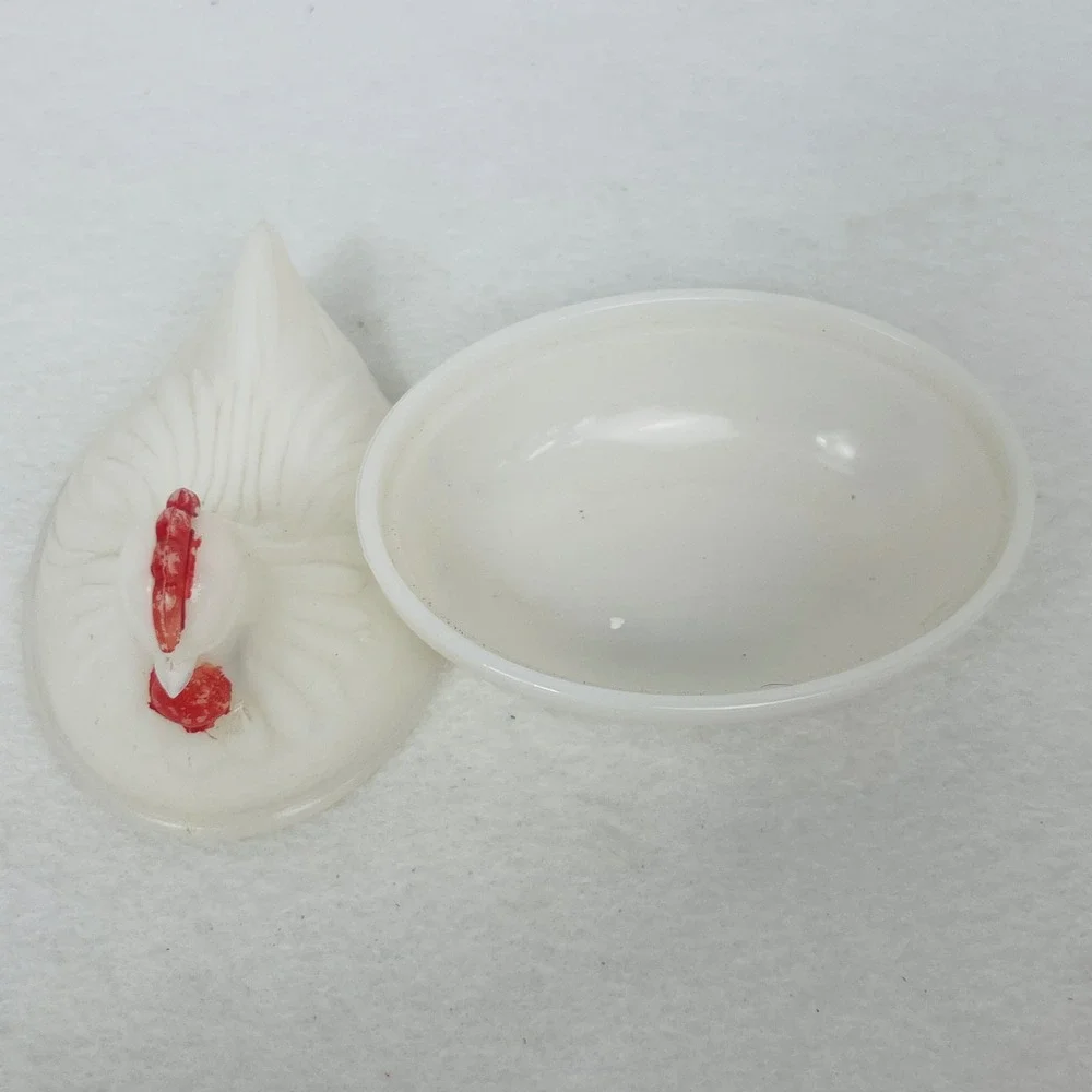 Vintage Milk Glass Hen on Nest Trinket Dish White Red Farmhouse Decor Good